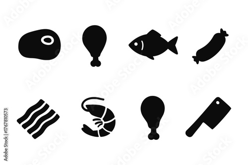 Silhouette icon set of meat and seafood: chicken, fish, bacon, and more