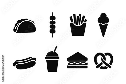 Collection of black food silhouettes featuring popular fast food icons