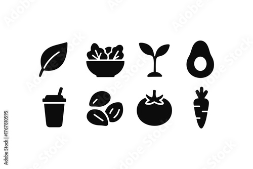 Set of organic food and drink icons in silhouette style for healthy living design
