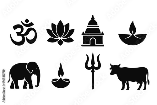 Silhouette collection of hindu symbols including om and lotus