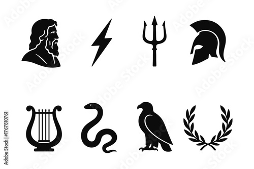 Icon set featuring greek mythology symbols in bold silhouette style