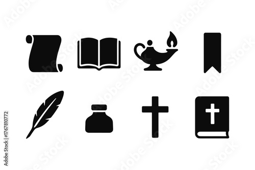 Set of black silhouette icons: scroll, book, lamp, bookmark, feather, ink, cross, bible