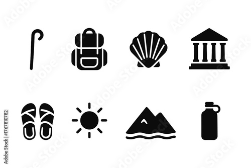 Travel icons: hiking, culture, and nature in minimal black icons
