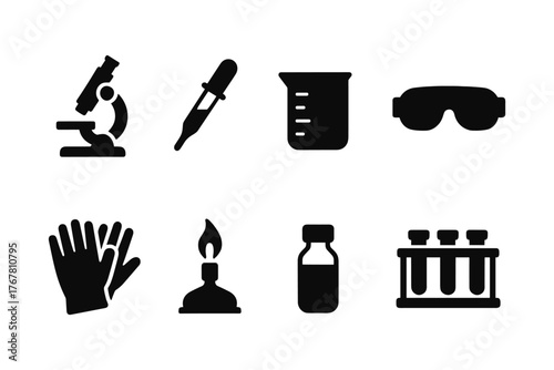 Science lab icons: microscopes, beakers, and safety gear in bold black style