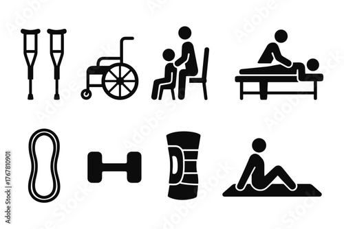 Medical rehabilitation icons: wheelchair, exercise, physical therapy tools