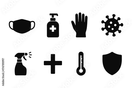 Essential health and safety icons set: mask, sanitizer, gloves, virus, and more