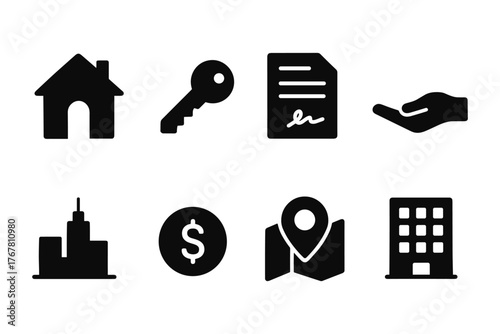 Real estate and rental icon set: home, key, document, hand, city, money, map, building