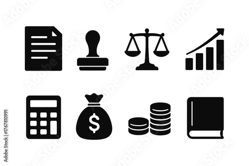 Set of business and finance icons in black silhouette style