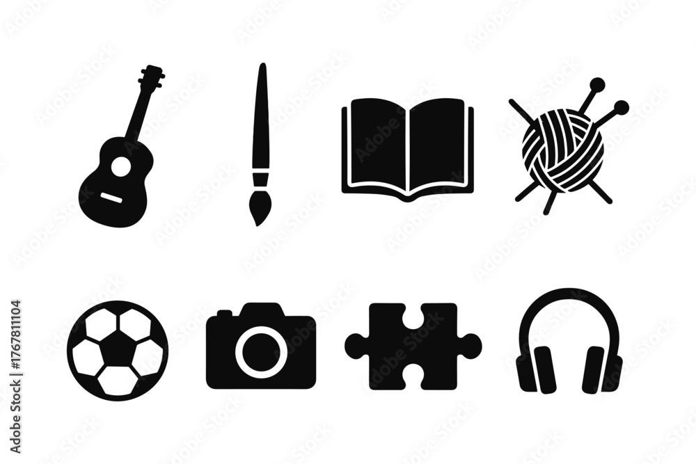 Fototapeta premium Hobby icons collection: music, art, reading, knitting, sports, photography, puzzles, audio