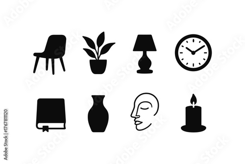 Minimalist black silhouette icons of everyday home objects on white background