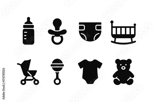Essential baby icons collection in minimalist silhouette style for parenting and nursery design