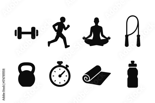 Silhouette fitness icons featuring yoga, running, and gym equipment