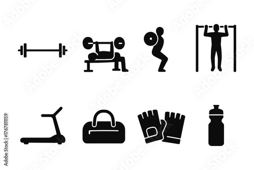 Gym equipment icons: weights, treadmill, pull-up bar, and more in silhouette style