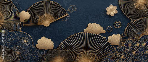 Elegant Asian Inspired Background with Golden Fans Clouds and Floral Motifs for Festive Celebrations and Decorative Design Projects showcasing Rich Colors and Intricate Details