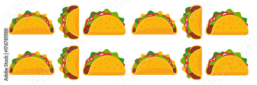 Taco pattern row, repeating stuffed shells, crunchy tortilla icons, seamless border element, festive food divider, colorful vector