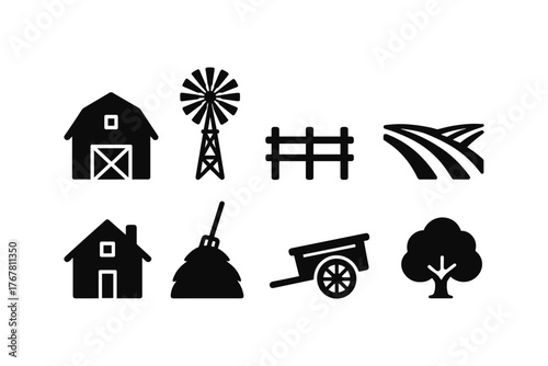 Silhouette icons of farm elements: barn, windmill, fence, and more