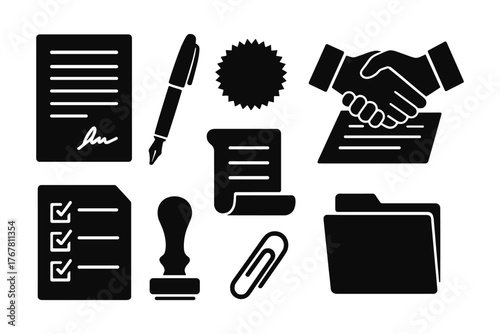 Business document silhouette icons: contracts, stamps, and handshake elements