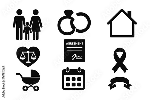 Legal and family symbols: marriage, family, agreement, and justice icons in black silhouette style
