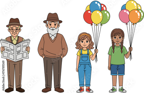 Cartoon elderly men and young girls with balloons, generational diversity, festive mood, family characters, lifestyle vector illustration, cheerful scene