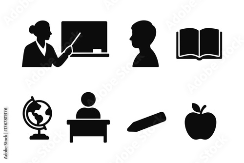 Educational silhouette icons: teacher, student, book, globe, pencil, apple
