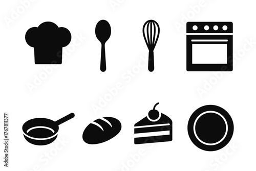 Kitchen icons set featuring cooking utensils and baked goods in black silhouette style