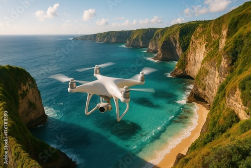 A white drone hovers over a stunning coastal landscape.