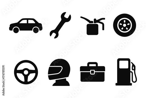 Essential car maintenance tools and equipment icons set in black silhouette style