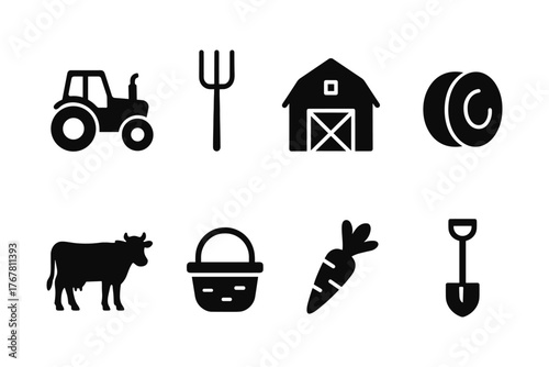 Set of farm icons: tractor, barn, cow, and tools in black silhouette style