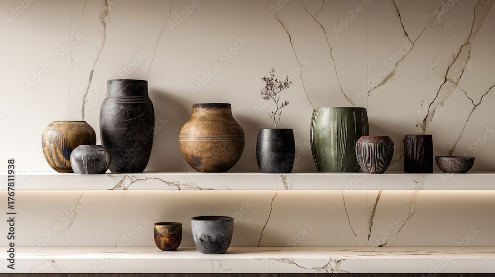 African-inspired pottery displayed on minimalist Italian marble shelves, refined compositio