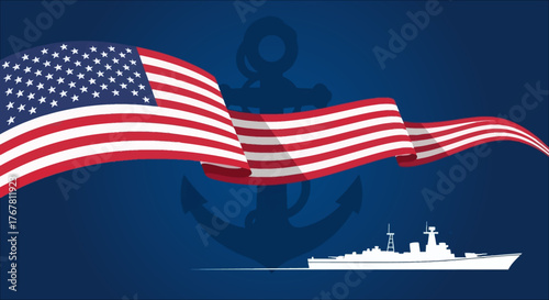 American flag waving with a ship and anchor in the background.