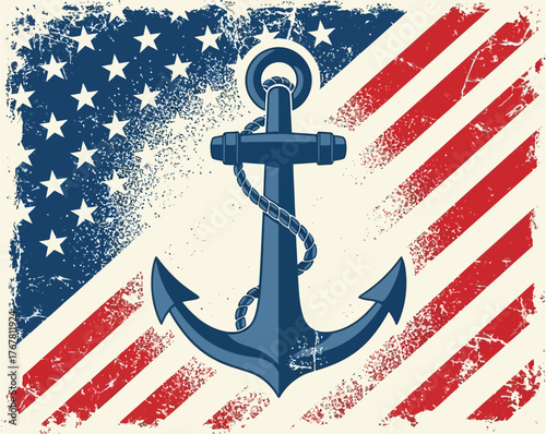 American flag with anchor, patriotic design for Navy or maritime themes.