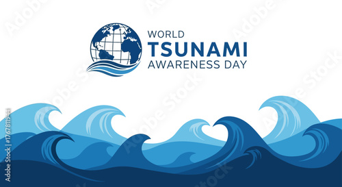 World Tsunami Awareness Day graphic with blue waves and a globe.