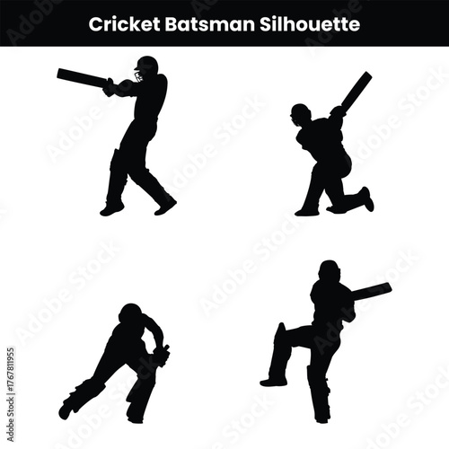 Batsman in action silhouette isolated on white background showing dynamic cricket poses perfect for sports design athlete illustration