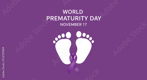World Prematurity Day image with baby footprints and purple ribbon on a purple background.