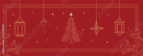 Elegant Christmas and Holiday Season Background Design with Golden Outlines and Rich Red Color for Festive Greetings and Celebrations