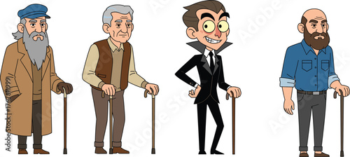 Cartoon men with canes in varied outfits and expressions—elderly, stylish, confident—character diversity, vector illustration, personality design set