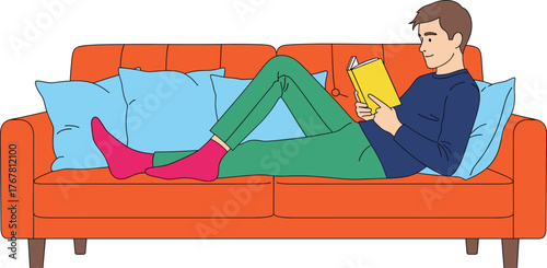 Cartoon person reading book on orange couch with cushions, relaxing in cozy home setting, lifestyle vector illustration for leisure content