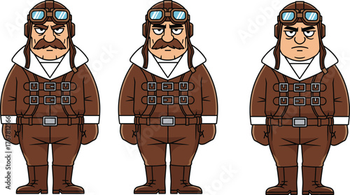 Cartoon vintage aviator characters in leather flight suits with goggles and expressive faces, character design, vector illustration, aviation theme