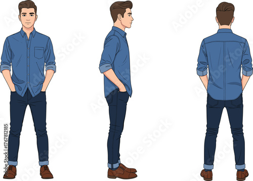Casual cartoon man in blue shirt and jeans shown front, side, and back—vector character for fashion, animation, and design reference