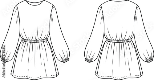 Front and back technical sketch of long-sleeved dress with round neckline, gathered waist, puff sleeves, and flared hem vector design