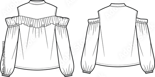 Front and back technical sketch of off-shoulder women's blouse with puff sleeves, high neckline, and ruffle detail vector design