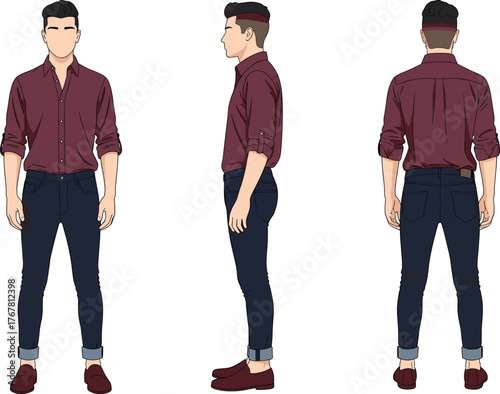 Male character design sheet in maroon shirt and jeans, front side back views, fashion reference, vector outfit illustration, modeling pose