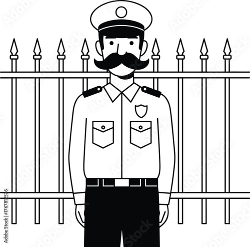 Security guard silhouette in uniform with mustache standing by metal fence, vector illustration for safety, protection, authority, and surveillance themes
