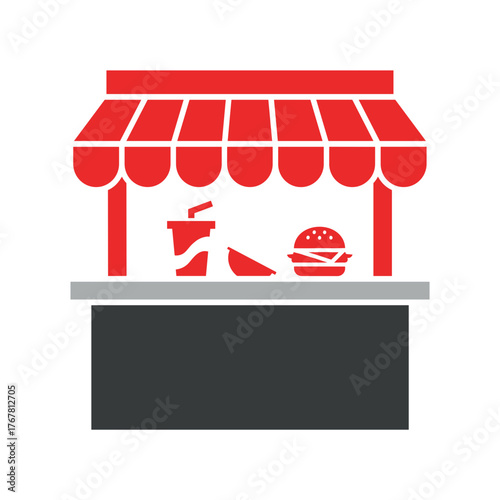 Fast food stall with burger and drink on street background  