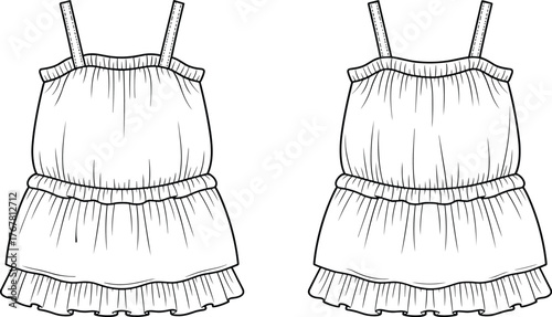Sleeveless Tiered Dress Fashion Sketch – Spaghetti Straps, Ruffle Hem, Gathered Bodice – Apparel Design, Garment Construction Vector