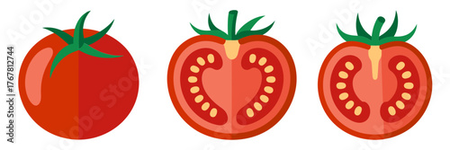 Tomato collection, whole fruit, vertical slice interior, seeded cross section, fresh produce symbols, healthy cooking vector illustration