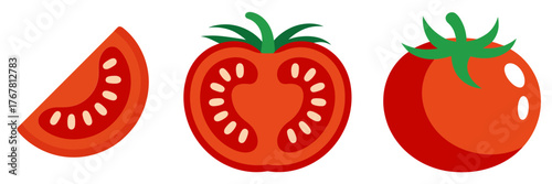 Tomato set, red slice wedge, cross section seeds, shiny whole fruit, garden crop illustration, kitchen ingredient vector