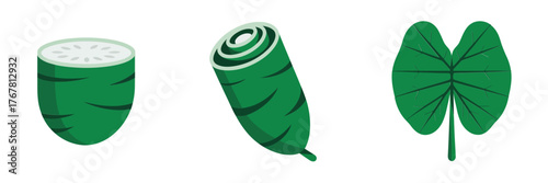 Betel leaf collection, heart shaped green leaves, traditional rolled paan form, herbal culinary ingredient icons, cultural vector