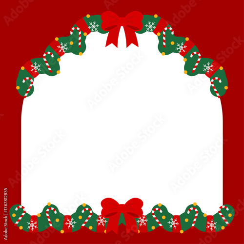 Christmas border design with a curved and straight. Decorated with a center red bow, yellow ornaments, candy canes, snowflakes and a red ribbon for a festive holiday frame.