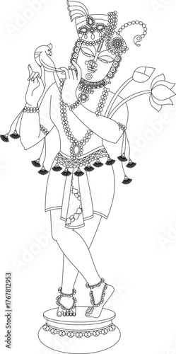 Shrinathji, Jagannath, or Lord Krishna with cows, in Indian folk painting Pichwai style	
